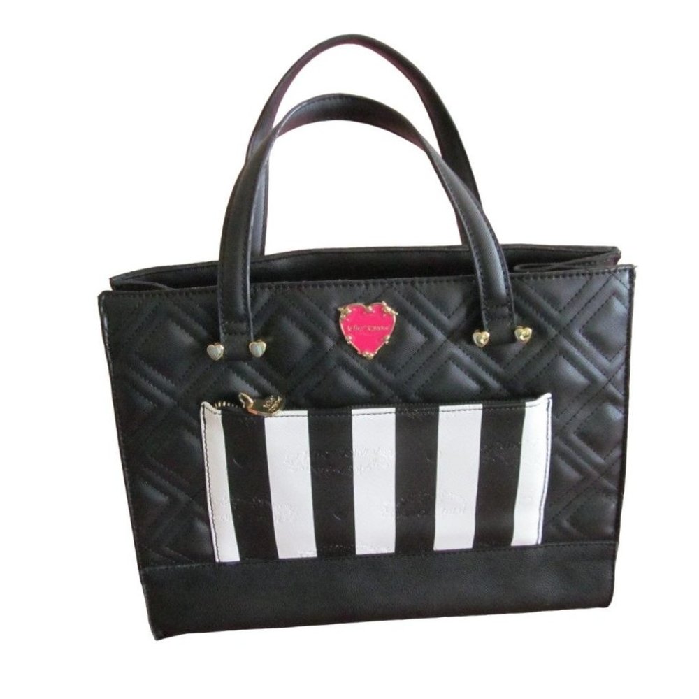 Betsey Johnson Heart Black White Stripe Handbag Purse